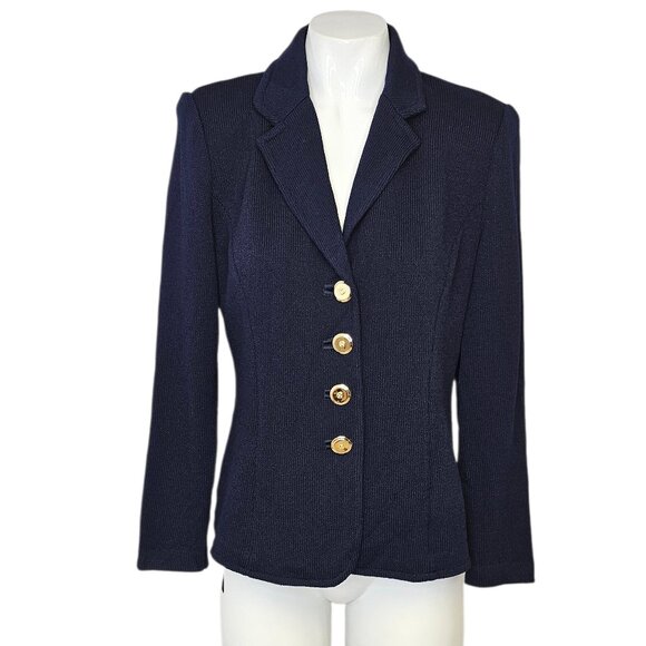 St. John Collection V-Neck Button Front Santana Knit Blazer, Classic, Blue, Sz 2 - Picture 1 of 11